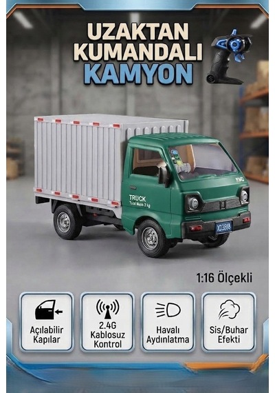 Uzaktan Kumandalı 1:16 Ölçek Duman Atan Yeşil Kapalı Kasa Kapıları Açılabilir Led Işıklı Kamyonet Çok Renkli