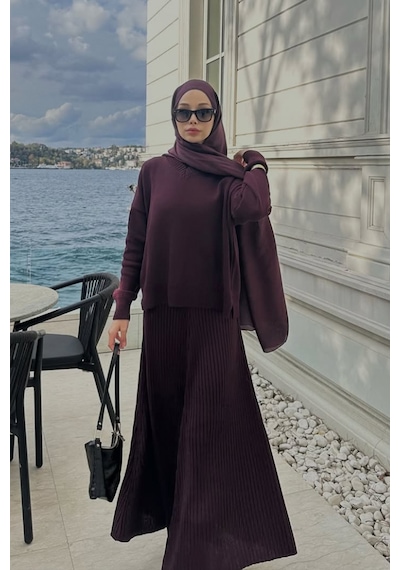 Carell Şuranur Bilgin'in Tercihi Fitilli Triko Etekli Takım Mürdüm Çok Renkli
