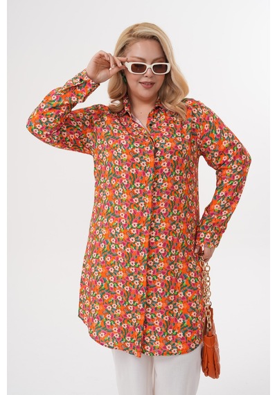 Polologin Butik Küçük Çiçek Desenli Turuncu Viskon Tunik Turuncu
