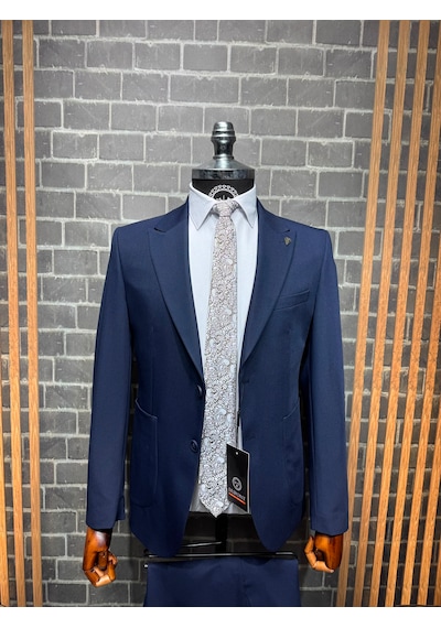 Dupont Classics Dupont Slim Fit Sivri Yaka 6 Drop Çift Yırtmaç Torba Cep 2'li Takım Elbise Lacivert