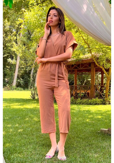 Neşeli Butik Kadın Kruvaze Yaka Bağlama Detaylı Ayrobin Tulum Nb10049 Camel