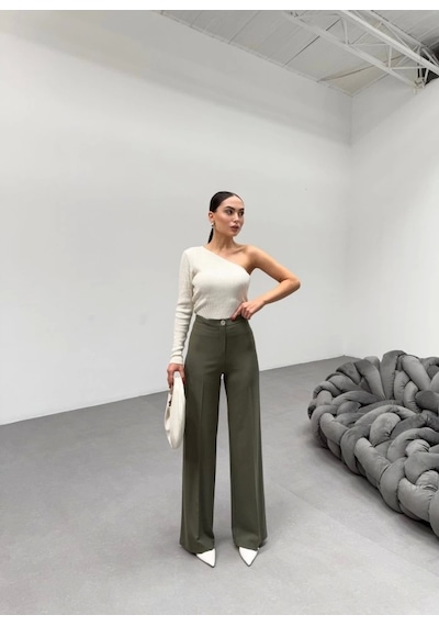 Defymoda 230 Gr Poly Viscose Lycra Metal Düğme Palazzo Pantolon Haki