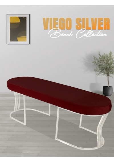 Viego Silver Smooth- Bordo Kapitoneli Model Puf & Bench & Koltuk- Oturak-uzun Makyaj Puff-yatak Odası Ucu &önü