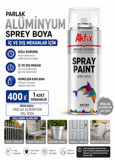 Akfix Sprey Boya Renk Seçiniz 400 Ml İç Ve Dış Cephede Kullanılabilir Mükemmel Kapatıcılık Alüminyum