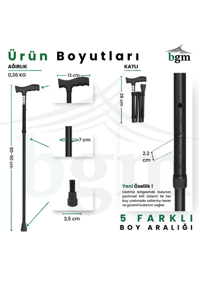 Baston Katlanabilir Denge Bastonu Yüksek Kalite Ayarlanabilir Baston Siyah