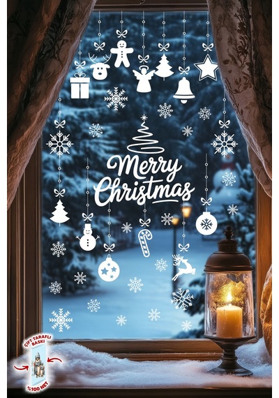 Yılbaşı Cam Süsü Sticker Seti Merry Christmas Çift Taraflı Baskı 42 Kar Tanesi Ve 34 Parça Figür Dijital Baskı