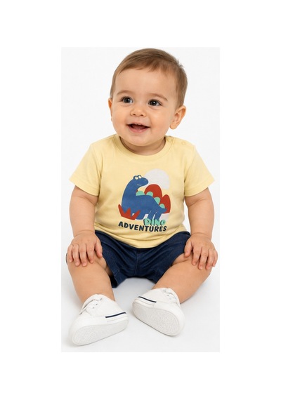 İrem Çocuk Giyim Erkek Bebek Dino Yazılı Dinazor Desenli Omuzu Çıtçıt Kapamalı Sarı Renk Tişört Sarı