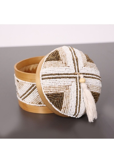 Bali Boncuklu Bambu Saklama Kutusu 12x14 Cm Beyaz