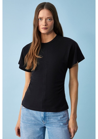 Ethıquet Nexus Kadın Regular Fit Bisiklet Yaka Büzgü Detaylı Siyah T-shirt