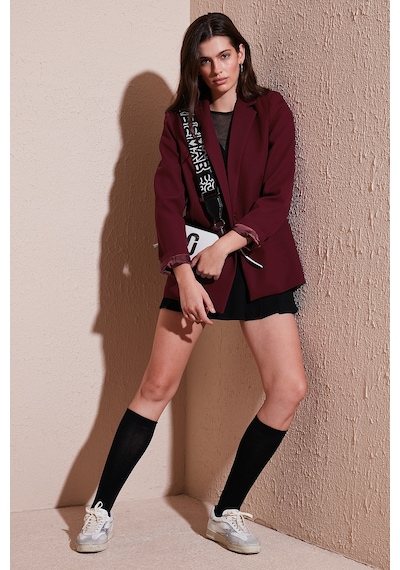Lela Standart Fit Mono Yaka Desenli Astar Detaylı Blazer Bayan Ceket 6524003 Bordo