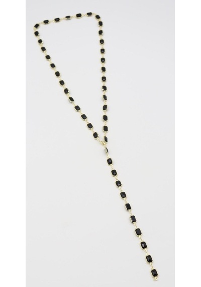 Kadın Siyah Taşlı Uzun Kolye -14k Gold - 70 Cm Çok Renkli