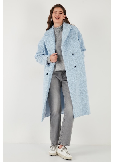 Lela Oversize Fit Mono Yaka Düğmeli Buklet Uzun Kaşe Bayan Kaban 6810236 Bebe Mavi
