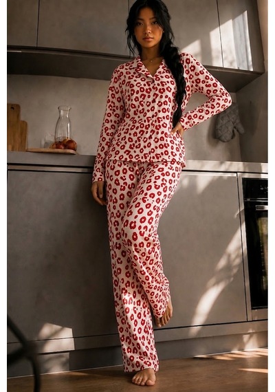 Fit Women Kadın Düğmeli Gömlek Yaka Ev Giyimi Kırmızı Pijama Takımı