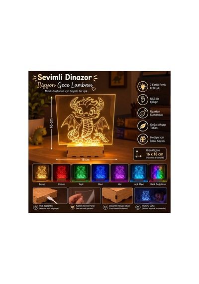 Şeffaf İlizyon Led Gece Lambası Sevimli Dinazor Görseli 16x18 Cm Çok Renkli Çok Renkli