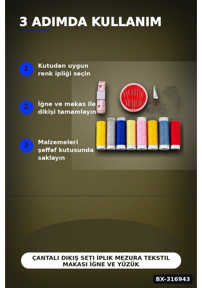 Çantalı Dikiş Seti İplik Mezura Tekstil Makası İğne Ve Yüzük Tamir Kiti Bx-316943