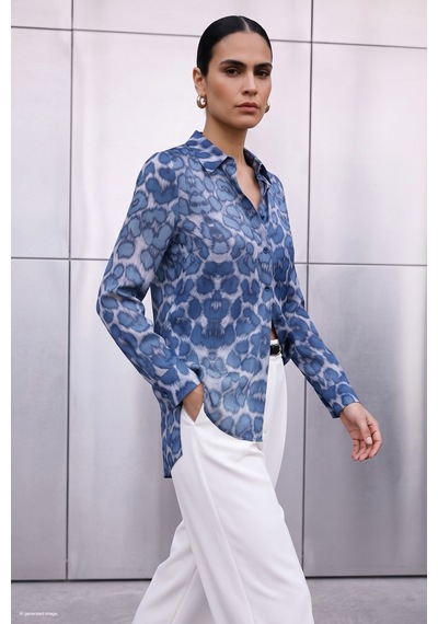 Sateen Leopar Desenli Klasik Gömlek - Lacivert-137939