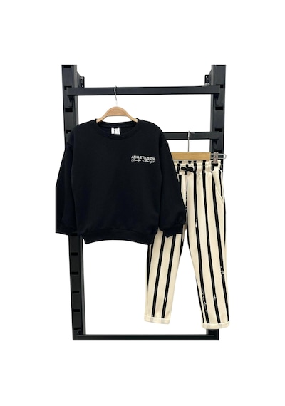 Lolliboomkids Erkek Çocuk Siyah Beyaz Çizgili 3ip Sweatshirt - Bel Ayarlı Eşofman Alt Üst Takım 2 Parça Siyah Lolliboomkids Erkek Çocuk Siyah Beyaz Çizgili 3ip Sweatshirt - Bel Ayarlı Eşofman Alt Üst Takım 2 Parça Siyah