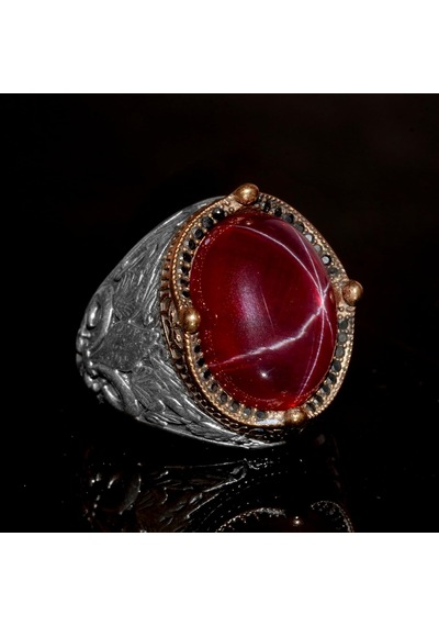 925 Ayar Gümüş Erkek Yüzük Yıldız Yakut Star Ruby Taşlı Özgün El Yapımı Model Gümüş