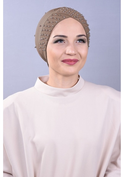 Melodi Scarf Kadın Tesettür İncili Taşlı Havuz Dış Bone Vizon Vizon
