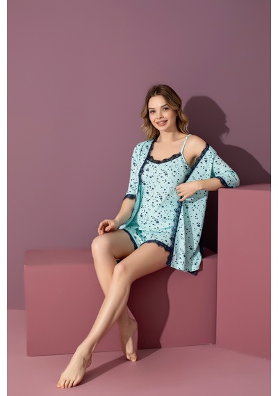 Rindahomewear Kadın 3 Lü Fitilli Viskon Şort Sabahlık Set Mavi