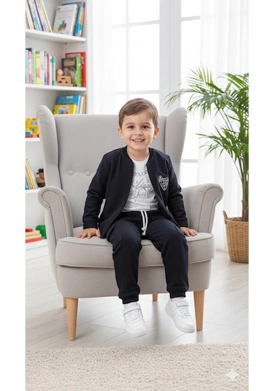 Bontino Erkek Çocuk Sweatshirt, Hırka Ve Pantolonlu %100 Pamuk 3'lü Spor Takım Siyah