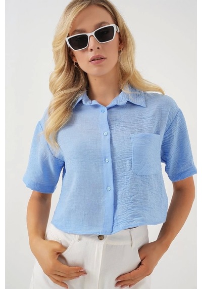 Defymoda Kısa Kol Crop Gömlek 20341 - Mavi Mavi