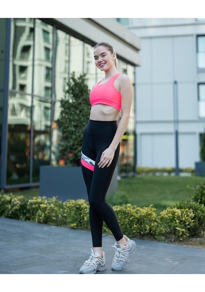 Lismina Bacağı Kamuflaj Şeritli Siyah Spor Tayt Siyah - Pembe