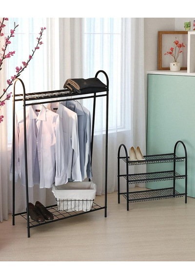 Metal Siyah Elbise Askılığı Ve Ayakkabılık 2 Li Set Siyah