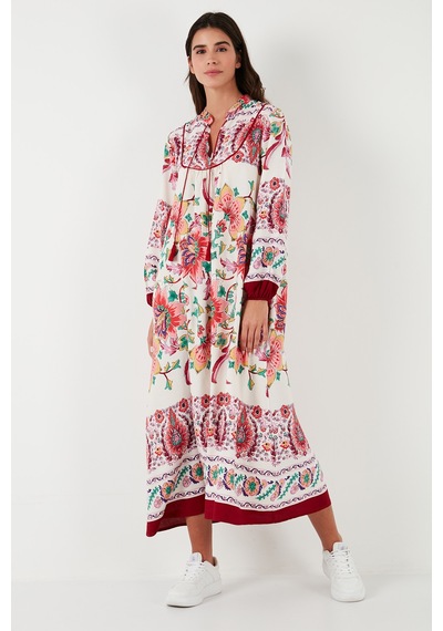 Lela Modest Desenli Regular Fit Bağlamalı V Yaka Maxi Bayan Elbise 611El510 Bordo