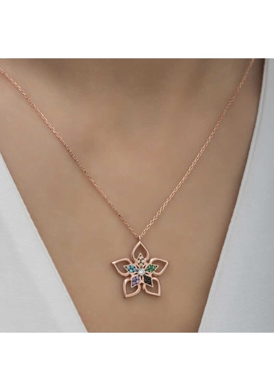 Gümüş Rose Renkli Taşlı Çiçek Kadın Kolye