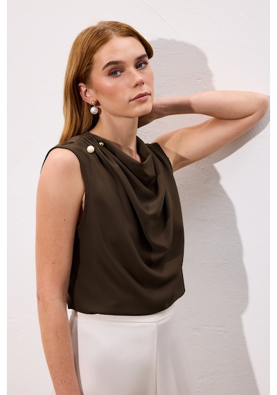 Sateen İnci Broşlu Degaje Bluz - Kahve-136737 kahve