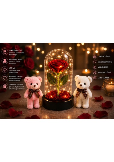 Led Işıklı Mika Fanus Solmayan Yapay Kırmızı Gül & 2 Mini Peluş Ayıcık Sevgiliye Romantik Hediye Set