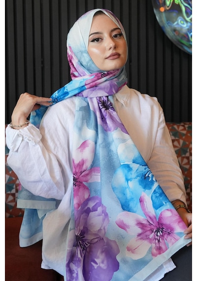 Afvente Manolya Çiçek Desen Mavi Soft Pamuk Şal Çok Renkli