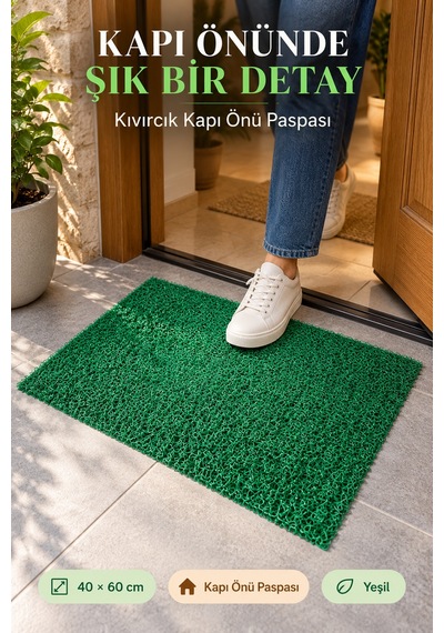 Yeşil Düz Kıvırcık Kapı Önü Paspası 40x60 Cm Kaymaz Taban Dış Kapı Giriş Paspası Pvc