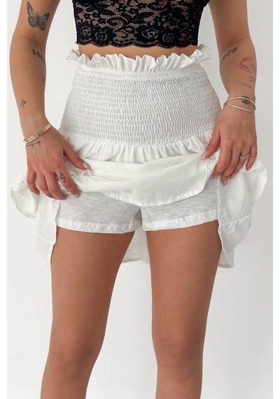 Kadın Katlı Smock Bel Mini Short Etek Summer Layers Beyaz