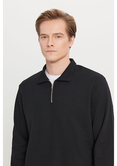 AC&Co / Altınyıldız Classics Erkek Sıyah Pamuklu Standart Fit Normal Kesim Polo Yaka Sweatshirt Siyah