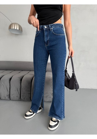 Yırtmaç Detaylı Boru Paça Dark Blue Lycra Jean Mavi+dark