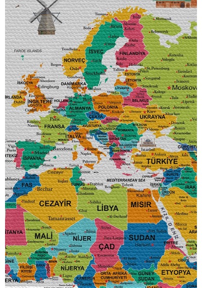 Duvar Örtüsü / Halısı Detaylı Güncel Türkçe Dünya Haritası Kaliteli Kanvas Kumaş-3981