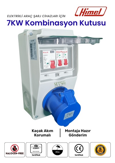 7.4kW Monofaze Himel Kombinasyon Kutusu 3x32A Tesla Mavi Adaptör Uyumlu Kaçak Akım Röleli