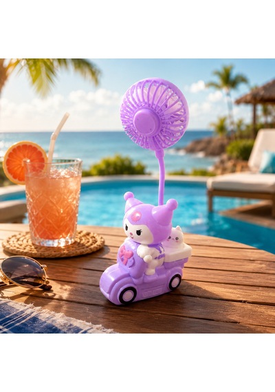 Vıp Yüksek Kalite Mor Kuromi Masa Fanı Mini Fan Işıklı Kalem Traşlı Mini Kalemlikli Şarjlı Masa Fanı