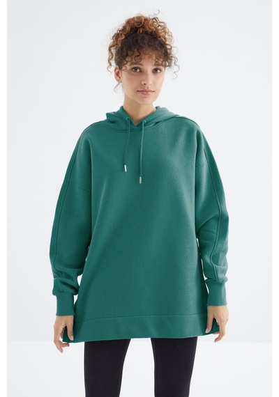 Tommy Life Deniz Yeşili Reglan Kol Basic Kapüşonlu Oversize Sweatshirt Tunik - 97242 Yeşil