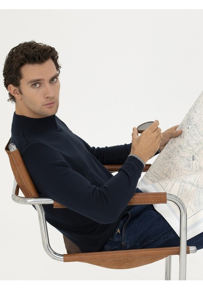 Cacharel Lacivert Slim Fit Pamuk Karışımlı Yarım Balıkçı Basic Triko Kazak