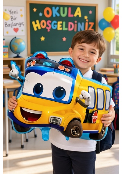 Folyo Balon Sevimli Okul Otobüsü 56x48 Cm Okula Dönüş İlk Okul Günü Dekorasyon Balonu Diğer