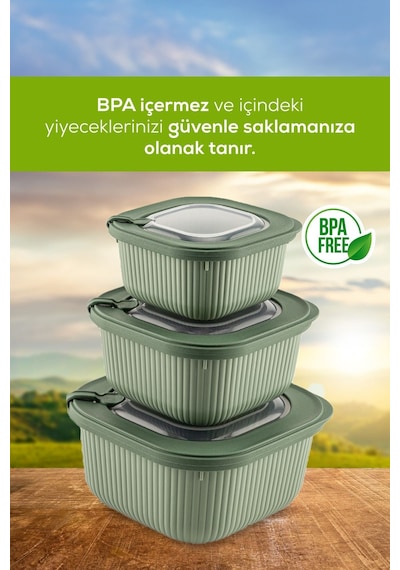 Vienve Mikrodalga Ve Difrize Uygun Vip Kapaklı Özel Saklama Kabı Seti Yeşil 3'lü Yeşil