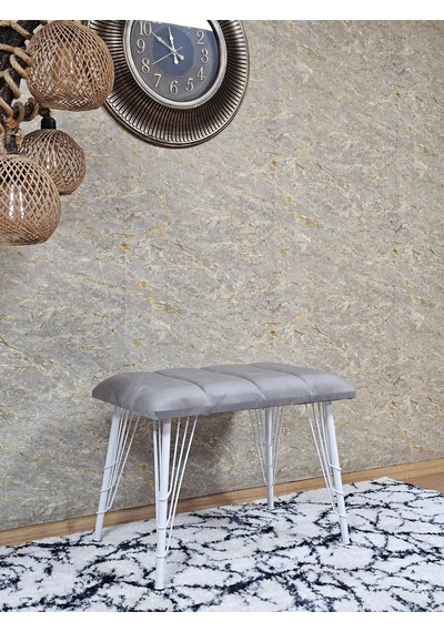 Zafir Metal Beyaz Tel Ayaklı 60 Cm Puf Bench - Puf - Bench - Oturak - Mutfak Oturağı - Antre Oturağı Gri