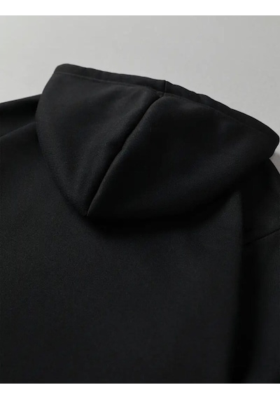 Medinenur Fermuar Desenli Kedili Kapüşonlu Oversize Sweatshirt Siyah
