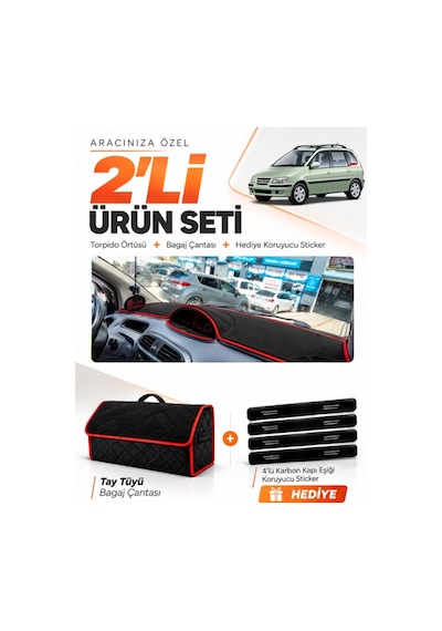 E-biz Hyundai Matrix 2001-2010 Uyumlu Torpido Örtüsü + Tay Tüyü Çanta - Siyah-kırmızı - Hu024