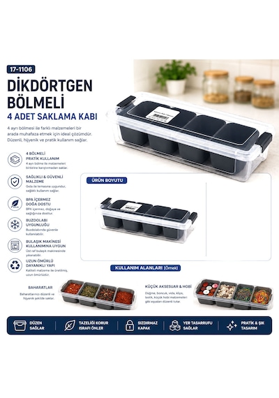 35x7cm Şeffaf Kutu - Siyah Bölme Dikdörtgen Bölmeli Saklama Kab 5250 Diğer