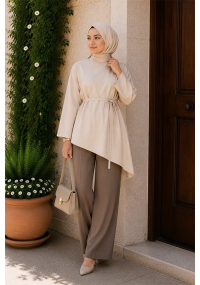 Maşuka Asimetrik Kesim Belden Bağlamalı Bol Kollu Kadın Tunik & Bluz - Şık Ve Modern Tasarım Krem Krem Maşuka Asimetrik Kesim Belden Bağlamalı Bol Kollu Kadın Tunik & Bluz - Şık Ve Modern Tasarım Krem Krem