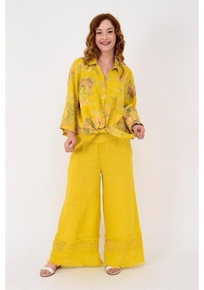 Eren Style İtalyan Fisto Paça Detaylı Keten Pantolon-9893 Sarı